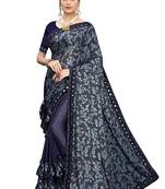 Navy blue printed lycra saree with blouse