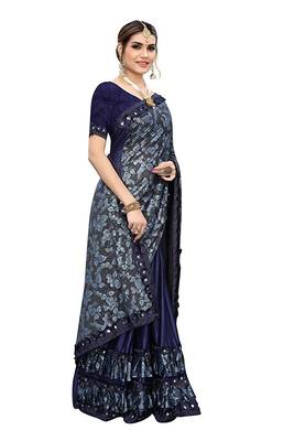 Navy blue printed lycra saree with blouse 2