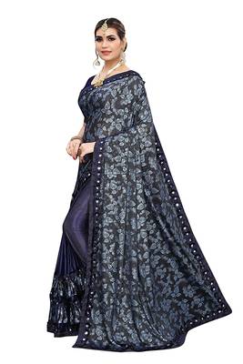 Navy blue printed lycra saree with blouse 4