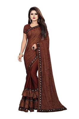 Brown printed lycra saree with blouse 1