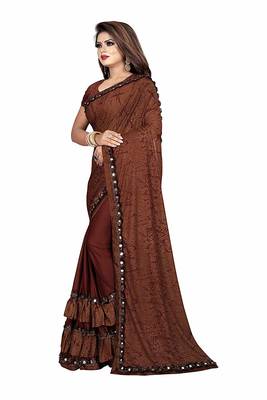 Brown printed lycra saree with blouse 2