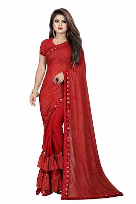Maroon printed lycra saree with blouse 1