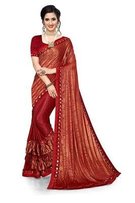 Maroon printed lycra saree with blouse 1