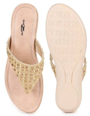 Beautiful Golden color synthetic material flats for women's 5