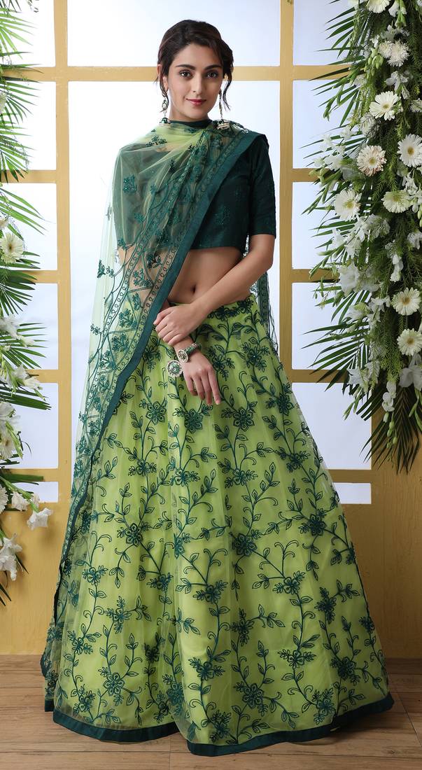 Florence Green Thread Embroidered Work With Stone Pasting Net Semi Stitched Bridal Lehenga