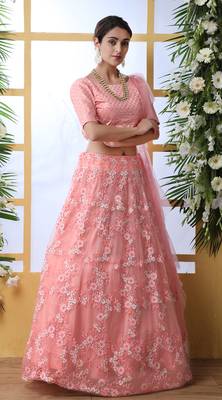 Peach Embroidered Net Semi Stitched Bridal Lehenga 5