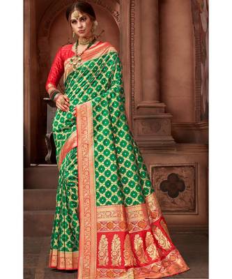 Green woven blended silk banarasi saree with blouse 1