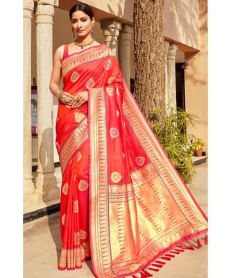 Red woven blended silk paithani saree with blouse 1
