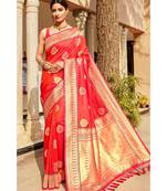 Red woven blended silk paithani saree with blouse