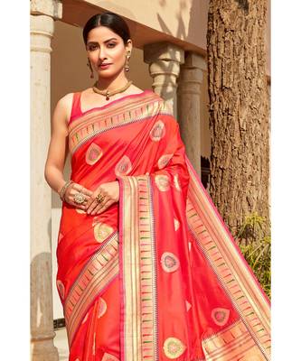 Red woven blended silk paithani saree with blouse 2