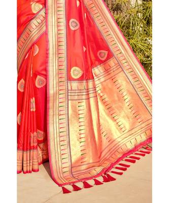 Red woven blended silk paithani saree with blouse 3