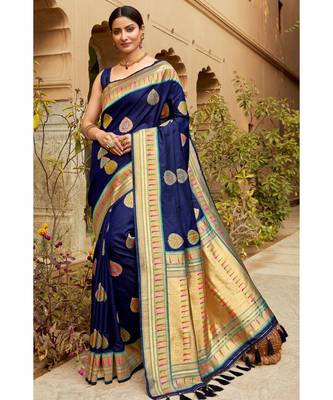 Blue woven blended silk paithani saree with blouse 1