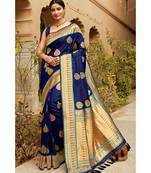 Blue woven blended silk paithani saree with blouse
