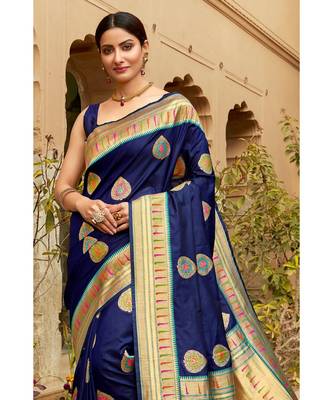 Blue woven blended silk paithani saree with blouse 2