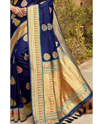 Blue woven blended silk paithani saree with blouse 3