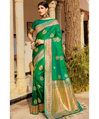 Green woven blended silk paithani saree with blouse 1