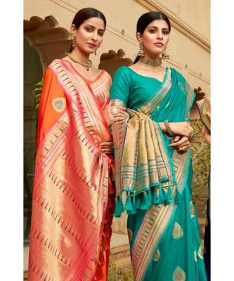 Green woven blended silk paithani saree with blouse 3