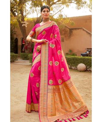 Pink woven blended silk paithani saree with blouse 1