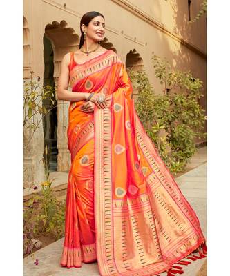 Orange woven blended silk paithani saree with blouse 1