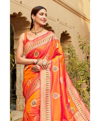 Orange woven blended silk paithani saree with blouse 2