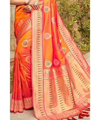 Orange woven blended silk paithani saree with blouse 3