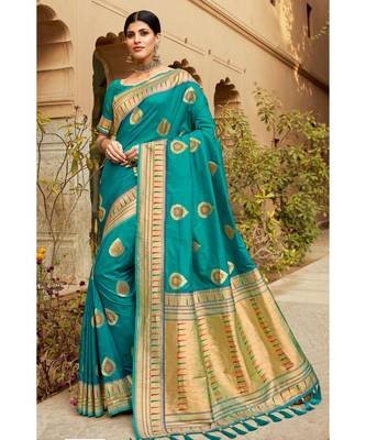 Teal woven blended silk paithani saree with blouse 1