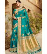 Teal woven blended silk paithani saree with blouse