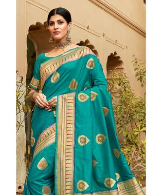 Teal woven blended silk paithani saree with blouse 2