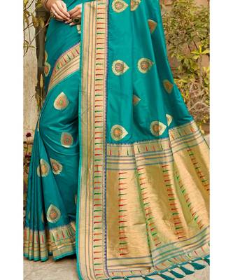 Teal woven blended silk paithani saree with blouse 3