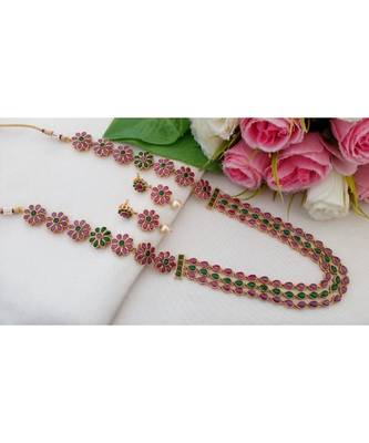 Mezmerising Antique Gold Tone Flower Design Long Neck Wear Made Out From Ruby & Emerald Stones With Matching Ear Rings 1