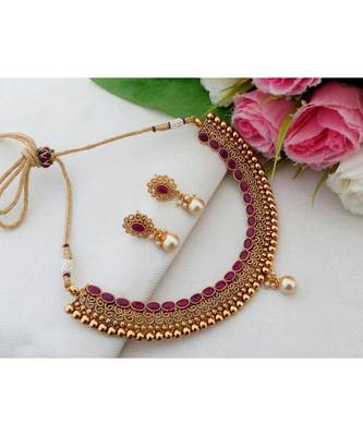 Exquisite Antique Gold Tone Necklace With Ruby Stones & Matching Ear Rings 1
