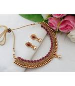 Exquisite Antique Gold Tone Necklace With Ruby Stones & Matching Ear Rings