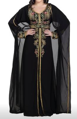 black georgette moroccan islamic dubai kaftan farasha zari and stone work dress 1