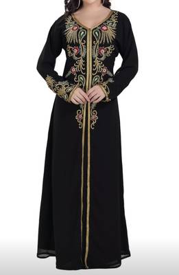 black georgette moroccan islamic dubai kaftan farasha zari and stone work dress 2