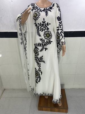 white georgette moroccan islamic dubai kaftan farasha aari and stone work dress 1