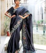 Blue Embroidered Border Cut Work Silk Designer Saree With Blouse