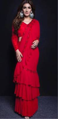 Red Ruffle Embroidery Work Georgette Bollywood Saree With Blouse 1