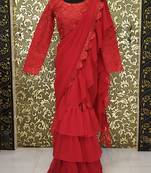 Light Magenta Lace Work Georgette Bollywood Saree With Blouse