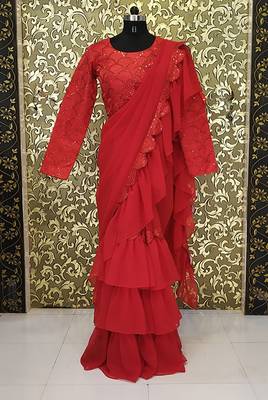 Light Magenta Lace Work Georgette Bollywood Saree With Blouse 2