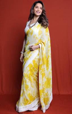 Yellow White Digital Print Georgette Bollywood Saree With Blouse 1