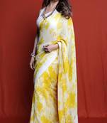 Yellow White Digital Print Georgette Bollywood Saree With Blouse