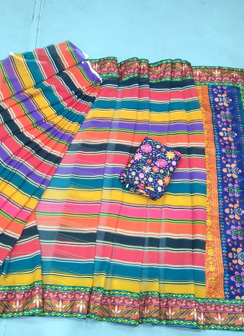 Multi Color Print Sequence Work Georgette Bollywood Saree With Blouse