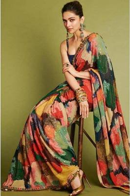 Multi Color Print And Sequnce Work Georgette Bollywood Saree With Blouse 1