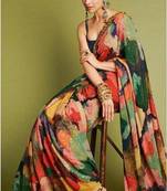 Multi Color Print And Sequnce Work Georgette Bollywood Saree With Blouse