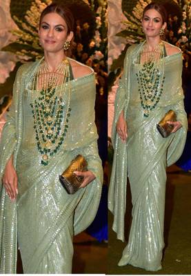 Pesta Green Sequence Work Georgette Bollywood Saree With Blouse 1