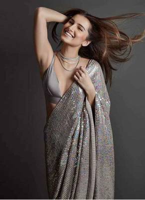 Grey Sequence Work Georgette Bollywood Saree With Blouse 1