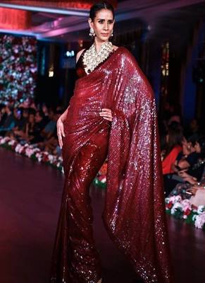 Maroon Sequence Work Georgette Bollywood Saree With Blouse 1