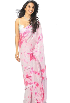 Pink Digital Print Sequence Work Georgette  Bollywood Saree With Blouse 1