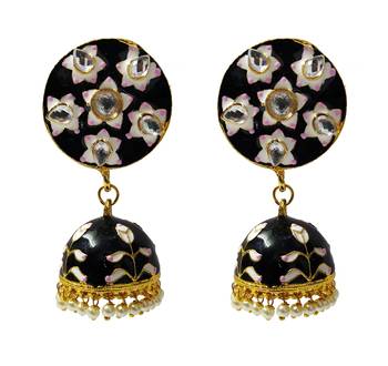 Black Pink Meenakari CZ Kundan Pearl Jhumki Earrings Set 1