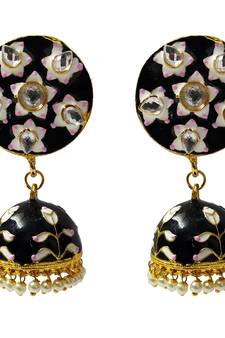 Black Pink Meenakari CZ Kundan Pearl Jhumki Earrings Set
